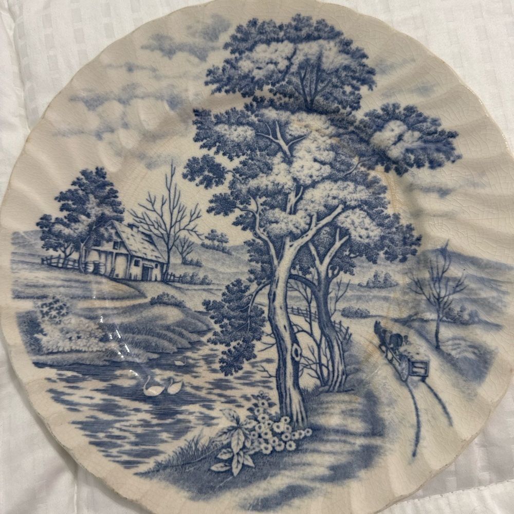 Vintage Blue River Japan Blue & White Transferware Plate – 9” Farmhouse Scene